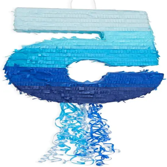 Ombre Blue Number 5 Pull String Pinata, Party Game for Kids, 16.5 x 11.3 In Fillable Hanging Decoration for 5th Birthday Decorations for Boys Girls, Holds Candy, Toys, Confetti {5}