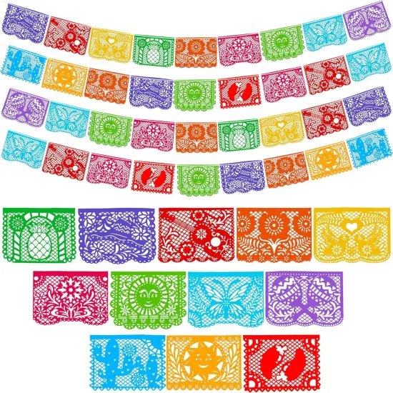 Cinco de Mayo Plastic Papel Picado Banner(4 pack with 8 Multicolor Plastic Flags per Banner), Mexican Party Banners for Fiesta Party Decorations, Dia Muertos Decor {1}