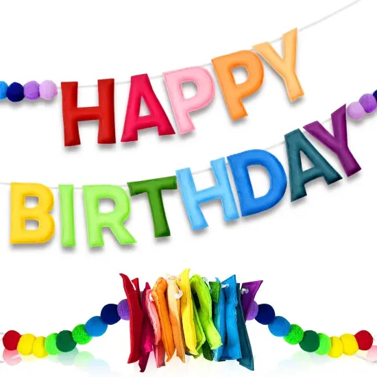 Pre-Strung Felt Happy Birthday Garland with Pompom Balls, Handmade Banner Decorations for Party Decor (Color) {1}
