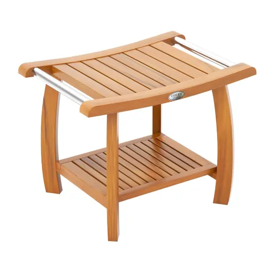 2-Tier Teak Wood Shower Bench Stool with Curved Seat and Handles Ideal Use as Plant Stand or Side Table {1}