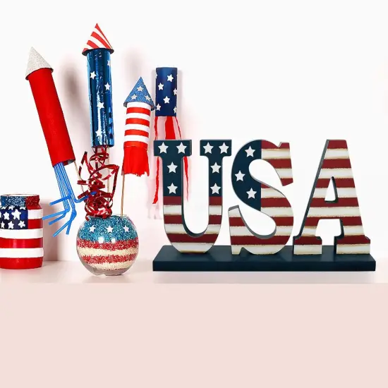 4th of July Wood Patriotic USA Sign Memorial Day Tabletop Decoration Free Standing Wooden Word Cutout US Flag Letters Centerpiece Sign for Independence Day Veterans Party American Decor {2}