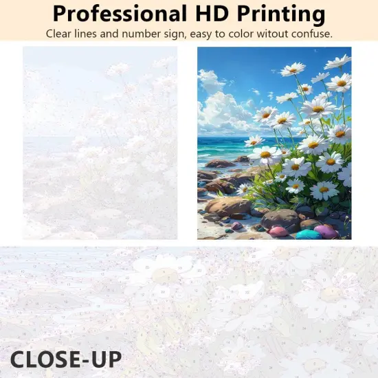 Beach Landscape Paint by Numbers, Daisy Flowers on The Beach Paint by Numbers Kit for Adults, Beach Rock DIY Canvas Oil Painting Paint by Number for Beginners Enthusiasts 16x20inch Frameless {3}