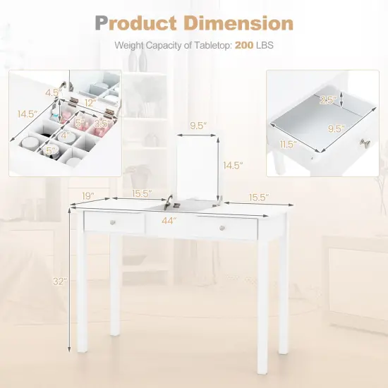 White Vanity Dressing Table with Flip Top Mirror and Storage Drawers 9 Hidden Storage Compartments {5}