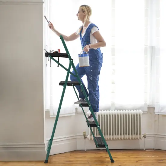 Metal Foldable 4-Step Ladder with Tool Tray Non-Slip Footpads and Wide Pedals {3}