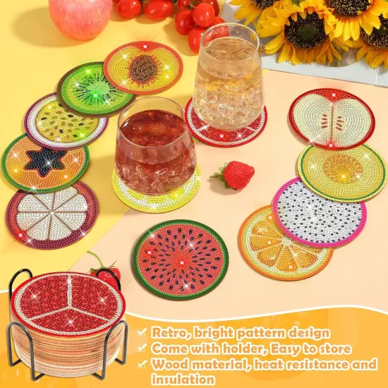 12 Pieces Diamond Art Painting Coasters Kit with Holder, Diamond Art Coasters, DIY Diamond Crafts Projects, Diamond Dot Kits for Adults and Beginners(Fruit Style) {4}