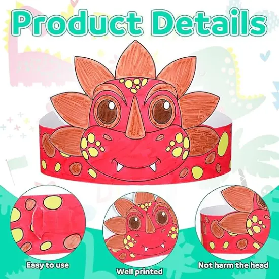 24 Pcs Color Your Own Dinosaur Crown for Kids Dino Coloring Paper Crown for Birthday Party Hats Dinosaur Theme Family Events Party Theme Events Sunday School Activities {3}