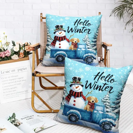 Hello Winter Pillow Covers 18x18 Set of 2 Blue Truck with Lovely Snowman Puppy Dog Throw Pillow Case Snowflakes Snowman Cushion Case for Holiday Decorations Couch Sofa {4}