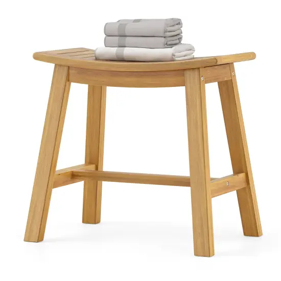 Natural Teak Wood Shower Stool with Curved Seat and H-Shaped Support Bars {4}