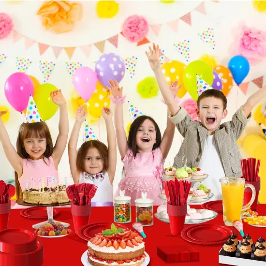 Disposable Plastic Tableware Set-484PCS Plastic Plates Set Includes 60 Of Each Dinner ＆ Dessert Plates, Cups, traws, Spoons, Forks & Knives for Party (Red, 484PCS（60 Guests）) {3}