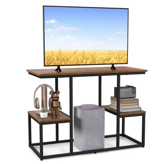 Rustic Brown Wood TV Stand for 50" TVs, Metal Frame and Storage Shelves {4}