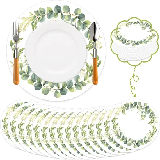 60Pcs Disposable Eucalyptus Leaves Place Mats Spring Summer Greenery Round Paper Table Mats Sage Green Eucalyptus Leaves Party Dining Table Decorations for Home Kitchen Baby Shower Wedding {1}