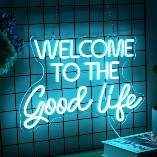Summer "Welcome To The Good Life" Neon Sign &ndash; Ice Blue LED Light, Dimmable, USB Powered, 16.5&rsquo;&rsquo; x 11&rsquo;&rsquo; &ndash; Cool Wall Decor for Beach Parties, Poolside Hangouts, Kids Rooms, and Summer Gifts {2}