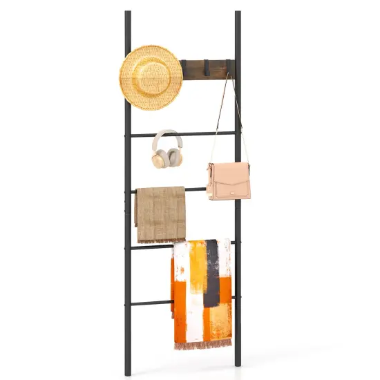 Black Wall-Leaning Decorative Blanket Holder with 5 Removable Hooks and Ladder Shelf {4}
