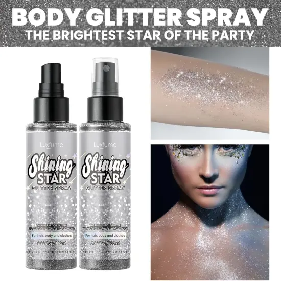 Glitter Spray for Hair and Body,Silver Body Glitter Spray,Quick-Drying and Waterproof Glitter Hairspray,Nozzles are not Easily clogged，Long-Lasting Body Shiny Spray for Stage Makeup, 3.38Oz {2}