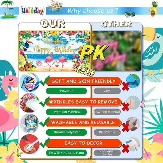 Birthday Party Decorations Supplies, Summer Hawaiian Birthday Backdrop for Tropical Flamingo Pool Beach Party Decoration {3}