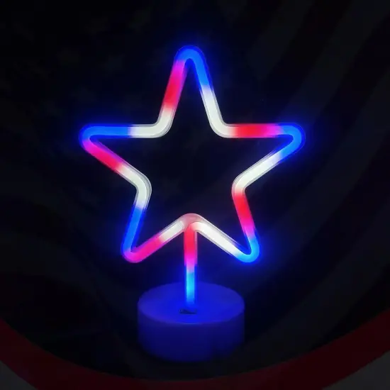 Summer Star Neon Lights &ndash; Red, White, and Blue LED Star Sign with Holder Base, USB or Battery Powered Table Light for Bedroom, Home Decor, and Summer Gatherings {1}