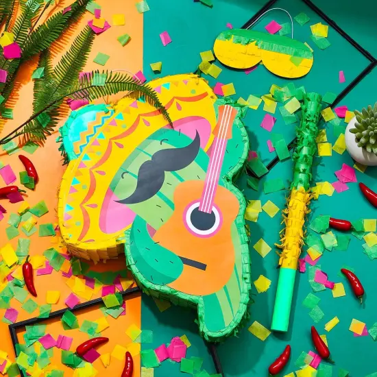 Cactus Pi&ntilde;ata Mini Sombrero Party Hats Mexican Fiesta Decorations with Pi&ntilde;ata Stick Blindfold Confetti Set, 16.1 x 13 x 3 Inch {5}