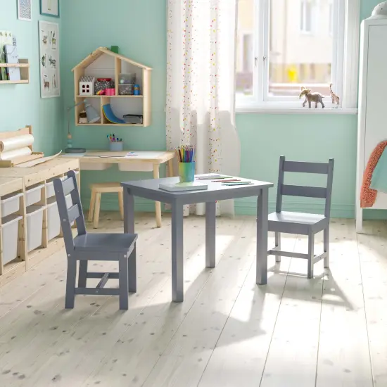 Emma and Oliver Kids 3 Piece Solid Hardwood Table and Chair Set for Playroom, Kitchen Gray {1}