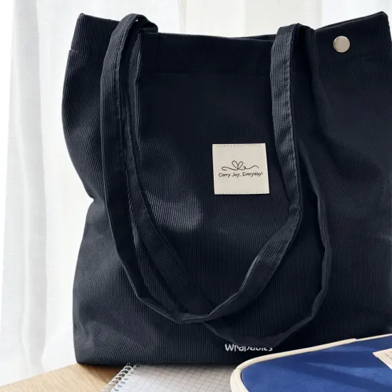 Wrapables Carry Joy Corduroy Tote Bag, Casual Shoulder Handbag, Navy {4}