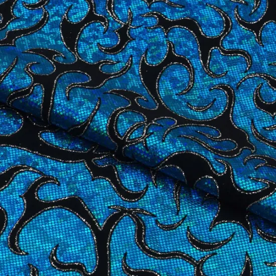 Flame Flocked Hologram Spandex Fabric Turquoise {1}