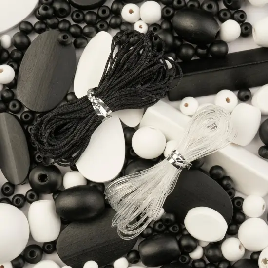 John Bead Craft Wood Beads with Elastic Nylon Cord, 90g White and Black {1}