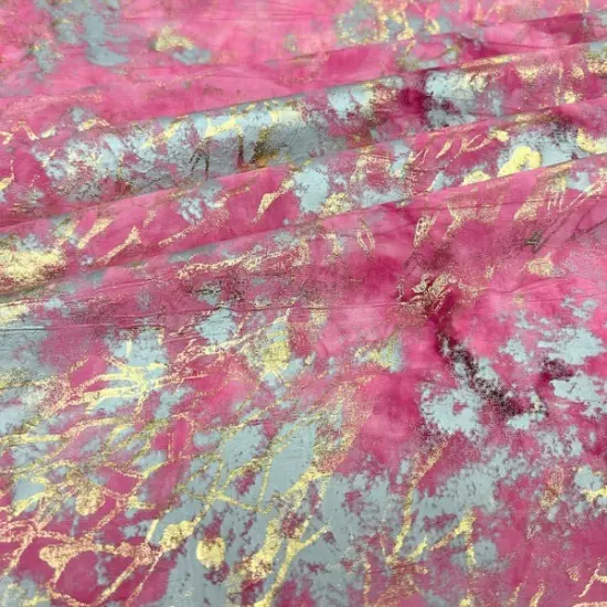 Squall Foiled Tie Dye Spandex Fabric Bright Pink/Gold {1}