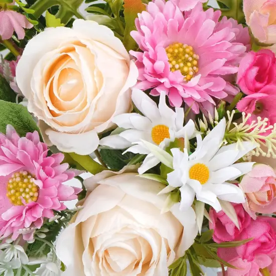 Artificial Flowers Fake Roses Flower Bouquet 13Pcs Silk Flowers with Gerbera Daisy Spring Florals Arrangements for Spring Table Centerpiece Home Wedding Farmhouse Decor（14.96"，Pink） {3}
