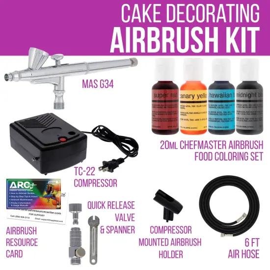 Cake Decorating Airbrushing System Kit with 4 Chefmaster Food Colors, Gravity Feed Dual-Action Airbrush, Air Compressor, Hose, How-To-Airbrush Guide {2}
