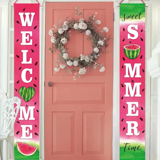 Welcome Summer Watermelon Porch Banner Sign, Sweet Summer Time Front Door Decorative Hanging Banner Flag, Seasonal Decoration Home Outdoor Yard Decor {1}