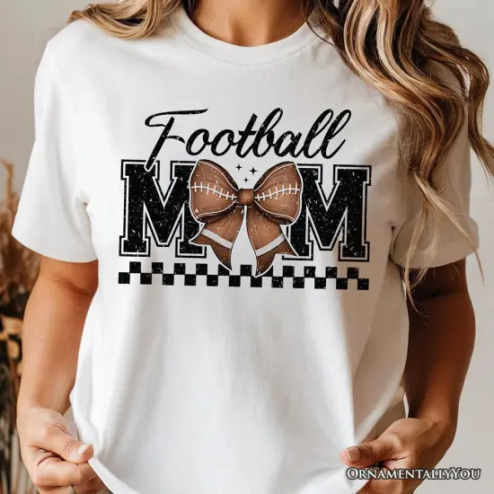 Football Mom Coquette Bow Retro T-Shirt, Stylish Game Day White Tee for Trendy and Proud Sports Mothers {6}