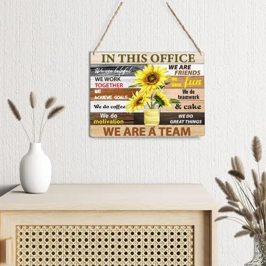 Inspirational Summer Sunflower Signs Wall Decor Teamwork Quotes Sunflower Rustic in This Office We are Friends,We are a Team Wood Plaque Wooden Hanging Sign Decoration for Home Office Door 8 x 10 {3}