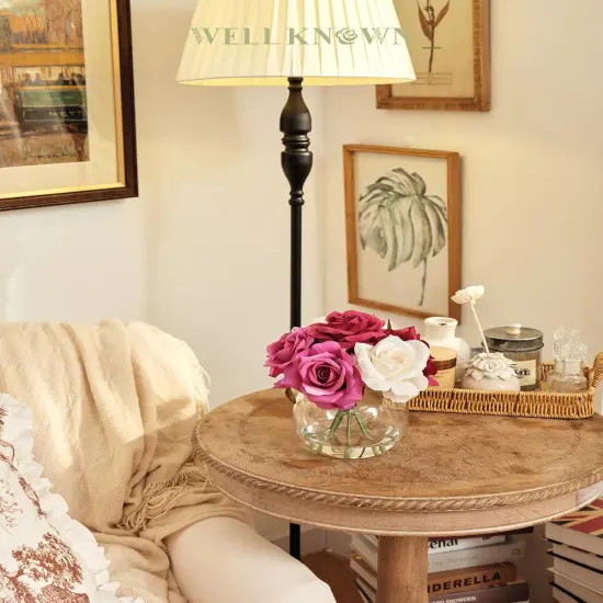 Silk Rose Artificial Flowers with Vase Artificial Rose Flower Arrangements in Round Glass Vase with Faux Water for Home Office Hotel Wedding Party Dinning Table Decor Gift (White & Pink) {4}