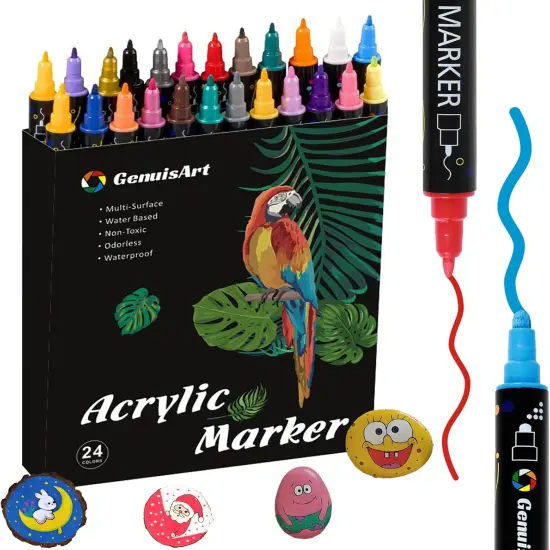 24 Colors Acrylic Paint Pens, Acrylic Paint Markers Dual Tip, with Dot Tip and Fine Tip, Acrylic Markers for Rock Painting, Wood, Canvas, Fabric, Paper, DIY Crafts Making Art Supplies {1}