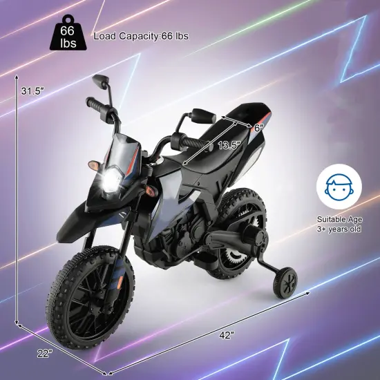 Metal 12V Kids Motorcycle with Dual Motors, Music and Training Wheels Navy {4}