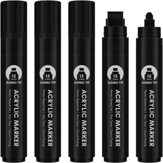 Black Poster Markers Jumbo: 5 Pcs 15mm Wide Tip Thick Acrylic Paint Pen Large Permanent Calligraphy Markers for Rock Painting, Stone, Poster, Canvas, Glass, Wood, Ceramic {2}