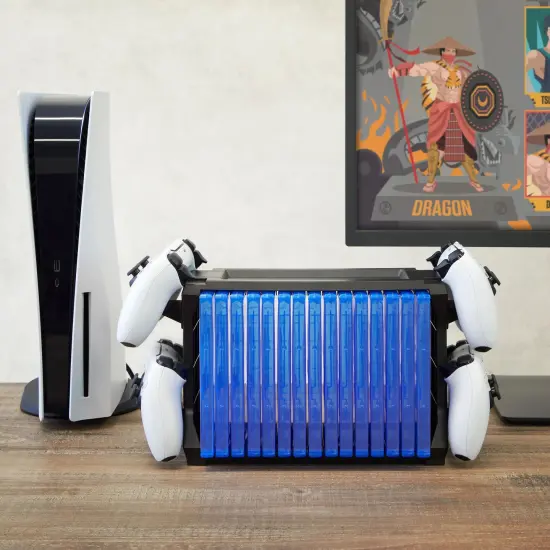 Video Game Storage Stand for Blu-Ray and Game Cases, Fits 4 Controllers, Holds 15 Cases (Black) Blue {2}