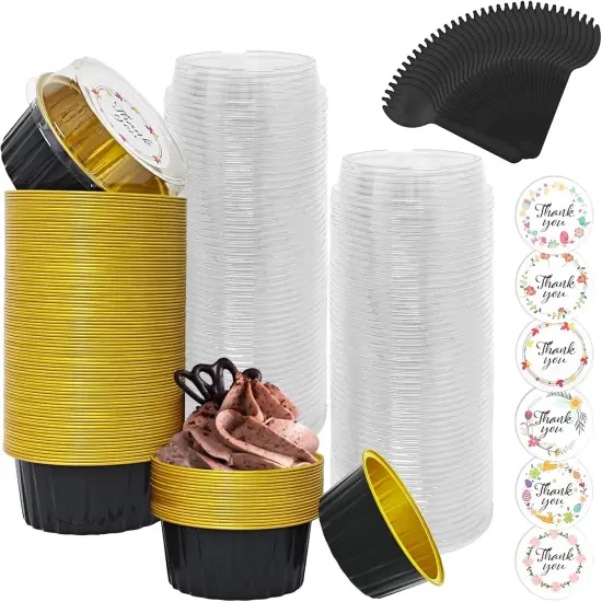 100 Pack Aluminum Foil Cupcake Baking Cups w Lids Spoons and Stickers for Party Supplies,5oz Mini Cake Pans Disposable Ramekins Cups Holder Containers for Mothers Day Gifts Birthday Baby Shower {1}