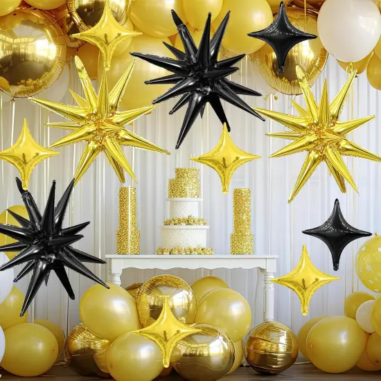Black Gold Star Balloons,Explosion Star Balloons Kit with 6Pcs 22Inch Cone Star Foil Balloons and 10Pcs 10Inch Four Pointed Star Balloons for Birthday Anniversary Disco Party Decorations {3}