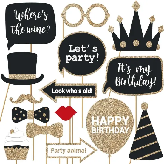 Fully Assembled Birthday Photo Booth Props. 30 Piece Box Set of Black & Gold Selfie Party Supplies and Decorations Kit with Real Glitter - Cute Bday Designs for Women - Did We Mention No DIY {1}