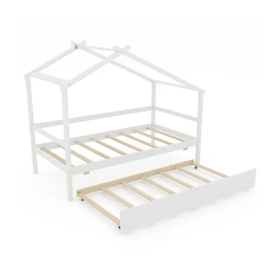 Pine Wood Twin Size House Bed with Trundle, DIY Roof, Slat Support and Safe Design White {8}