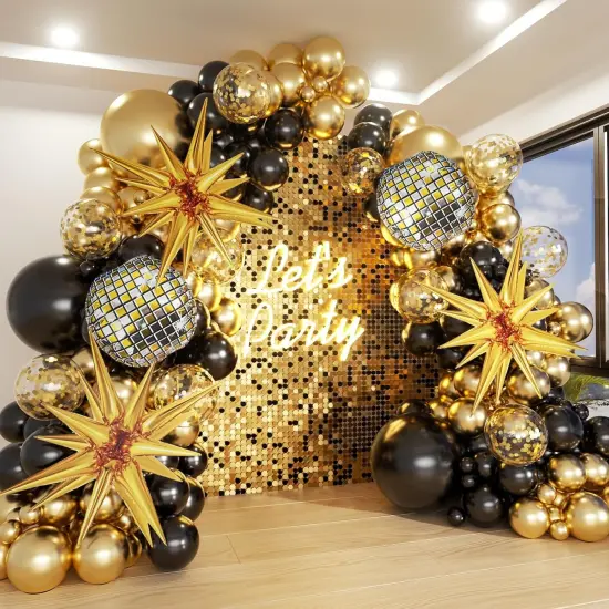 Black and Gold Balloon Garland Arch Kit with Gold Starburst Balloons Disco Ball Foil Balloons, Gold Confetti Latex Balloons for Graduation Anniversary Birthday Party Decorations {1}