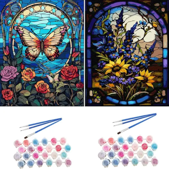 2 Pack Paint by Numbers Kit for Adults 16x20inch Stained Glass Butterfly Paint by Number Canvas, Acrylic Adults' Paint-by-Number Kits Flowers {1}