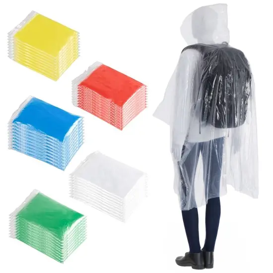 50 Pack Disposable Rain Ponchos for Adults, Bulk Emergency Ponchos with Hood, Individually Wrapped Raincoats, Rainbow Colors, Clear, Family, Women, Men, One Size Multicolor {1}