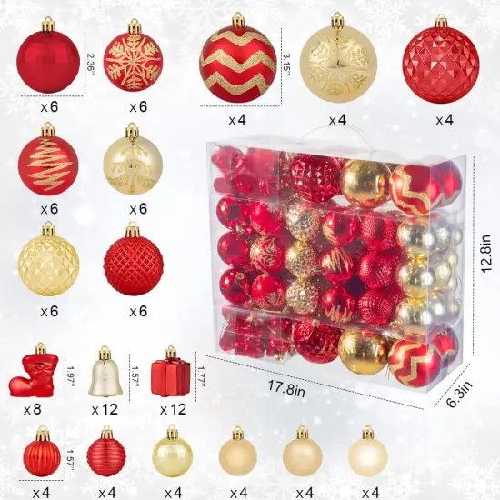 116Pcs Red and Gold Christmas Ball Ornaments, Shatterproof Christmas Hanging Decoration Set with Gift Box, Assorted Decorative Baubles Set for Xmas Tree/Home/Wedding/Party/Holiday (Gold & Red) {4}