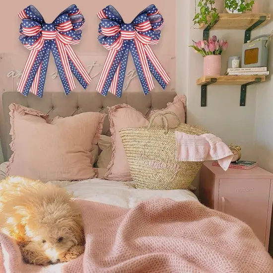 Large 4th of July Patriotic Bows for Wreath,American Flag Wreath Bows Stars Decor American Flag Bow for Wall Decor {5}