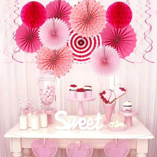 Hot-Pink Rose Red Party-Decorations - 33pcs Banner,Streamers Tassel Garland,Tissue Pom Poms Honeycomb,Paper Lanterns Fan,Birthday Wedding Bridal Baby Shower Bachelorette Engagement Decor {4}