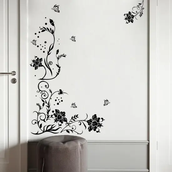 Supzone Flowers & Butterflies Wall Decals - DIY Black & Floral Wall Stickers for Bedrooms & Living Rooms {5}