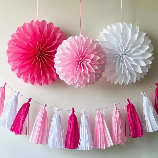 Hot Pink Tassel Garland,Tissue Tassel Banner for Bachelorette Baby Showe Girl Barbie Party Decorations,Pack of 15 {2}