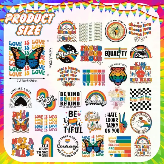 30 Pcs Gay Pride Iron on Transfers Rainbow HTV Iron on Decal LGBT Pride Month Iron on Patches Vinyl Heat Transfer Sticker Ready to Press for Clothing T Shirts Jacket Bag Hat DIY {3}