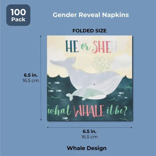 Whale He or She Paper Napkins for Gender Reveal Party (6.5 x 6.5 in, 100 Pack) {2}